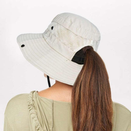 Sun Hat for Women Summer UV Protection Beach Hat Wide Brim Mesh Bucket Fishing Hat with Ponytail Hole Foldable Packable Hat