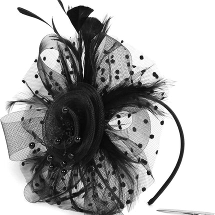 Fascinators For Women,Mesh Feather Fascinator Hats,Headband Hair Clip Net Veil Headwear, Party Evening Dress Female Veil Gauze Hair Accessories（Black）