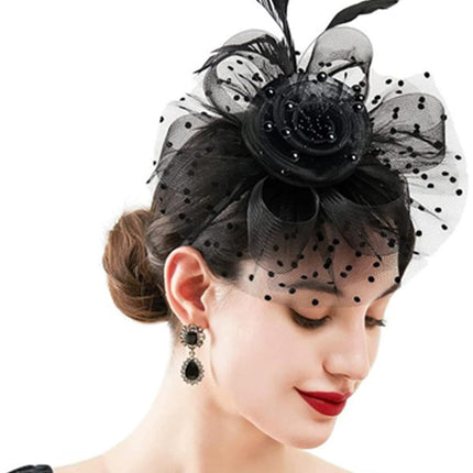 Fascinators For Women,Mesh Feather Fascinator Hats,Headband Hair Clip Net Veil Headwear, Party Evening Dress Female Veil Gauze Hair Accessories（Black）