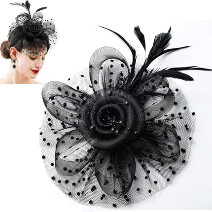Fascinators For Women,Mesh Feather Fascinator Hats,Headband Hair Clip Net Veil Headwear, Party Evening Dress Female Veil Gauze Hair Accessories（Black）