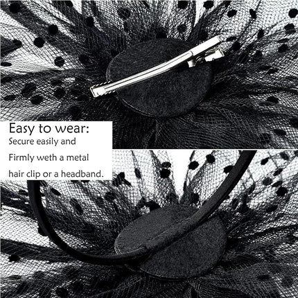 Fascinators For Women,Mesh Feather Fascinator Hats,Headband Hair Clip Net Veil Headwear, Party Evening Dress Female Veil Gauze Hair Accessories（Black）