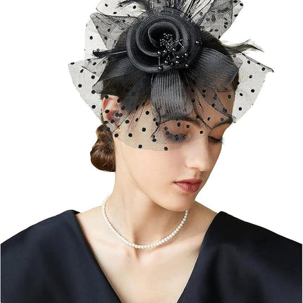 Fascinators For Women,Mesh Feather Fascinator Hats,Headband Hair Clip Net Veil Headwear, Party Evening Dress Female Veil Gauze Hair Accessories（Black）