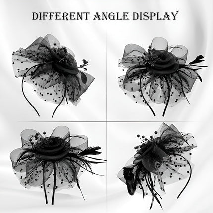 Fascinators For Women,Mesh Feather Fascinator Hats,Headband Hair Clip Net Veil Headwear, Party Evening Dress Female Veil Gauze Hair Accessories（Black）