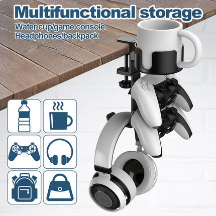 4 in 1 Desk Cup Holder with Headphone Hanger and Controller Stand Gaming Accessories, Universal Adjustable & Rotating Upgraded Arm Clamp for Coffee Mugs, Water Bottles, Headphones, Controller.