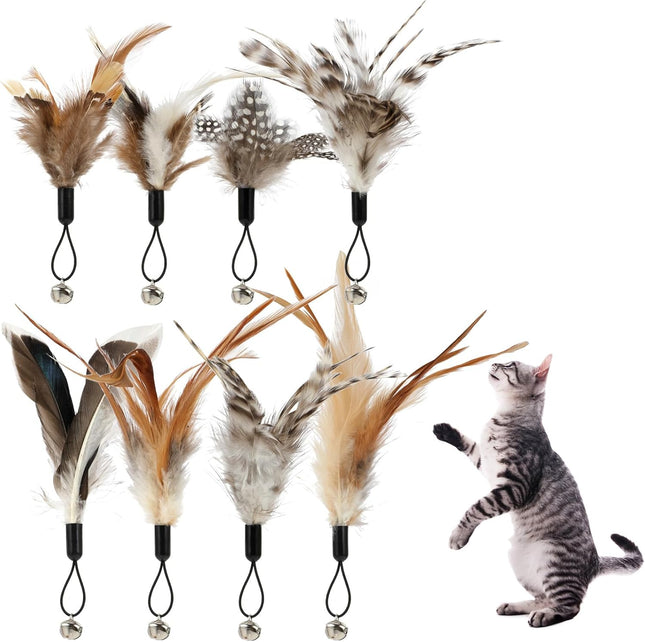 8 Pcs Cat Feather Toys with Bells Feather Teaser Cat Toy Replacement Feather Refills with Bells Exerciser