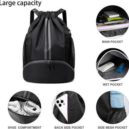 Soccer Bags, Drawstring Backpack Gym Bag with Shoe Compartment and Mesh Pockets for Soccer Basketball Volleyball Football Sports Gym