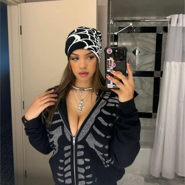 Y2K Gothic Spider Pattern Wool Acrylic Knitted Hat Women Beanie Winter Warm Beanies Men Casual Skullies – product detail