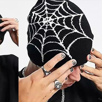 Y2K Gothic Spider Pattern Wool Acrylic Knitted Hat Women Beanie Winter Warm Beanies Men Casual Skullies Outdoor