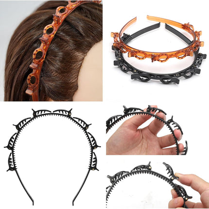 Double Bangs Hairstyle Hairpin,2 Pack Hairpin Headband Twist Clip Headband with Toothed Headband Braid Tool Hair Band With Clips for Girls Women Fashion Hair Accessories(Black and Brown)