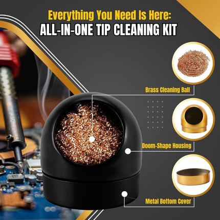 Solder Cleaner with Brass Wool Soldering Wire Sponge and Black, Dome-Shaped, Non-Slip Solder Sponge Tray Housing, Soldering Iron Tip Cleaner, No Water Needed