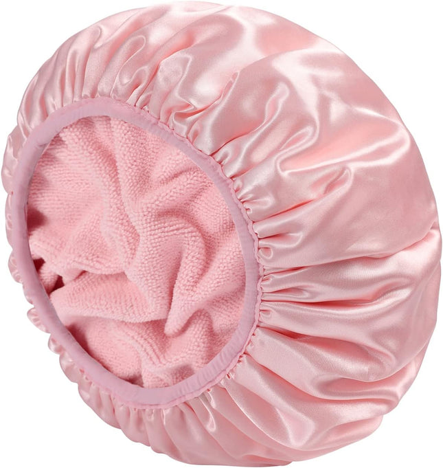 Terry Lined Shower Cap Triple Layer Large Cap for Women Shower Cap Reusable Waterproof Long Thick Hair(Pink)