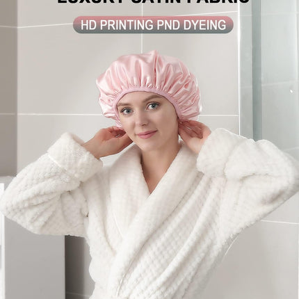 Terry Lined Shower Cap,Triple Layer Large Cap for Women,Shower Cap Reusable Waterproof,Long Thick Hair(Pink)