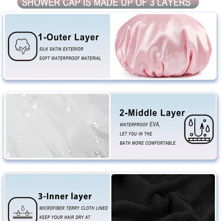 Terry Lined Shower Cap,Triple Layer Large Cap for Women,Shower Cap Reusable Waterproof,Long Thick Hair(Pink)