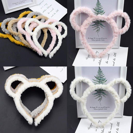 Women Winter Thick Plush Headband Round Bear Ears Makeup Hair Hoop Bandana Yellow