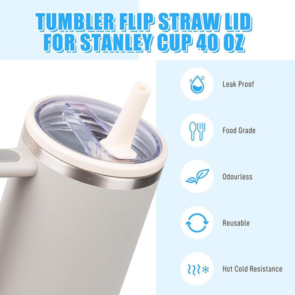 2 Pcs Replacement Lids with Straw, 40 OZ Tumbler Lid Replacement for Stanley Cup, Leak-Proof Flip Straw Lid, Spill-Proof Tumbler Cover for Stanley Cup (White)