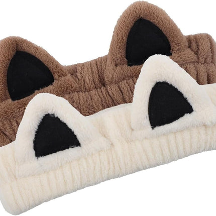2Pcs Cat Ears Spa Headbands for Washing Face Makeup Skincare, Soft Coral Fleece Facial Wash Hair Accessories, Cute Animal Elastic Headband, Fuzzy Cartoon Hair Bands, Hairs Holder for Women