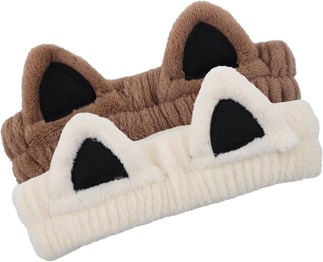 2Pcs Cat Ears Spa Headbands for Washing Face Makeup Skincare Soft Coral Fleece Facial Wash
