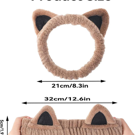 2Pcs Cat Ears Spa Headbands for Washing Face Makeup Skincare, Soft Coral Fleece Facial Wash Hair Accessories, Cute Animal Elastic Headband, Fuzzy Cartoon Hair Bands, Hairs Holder for Women