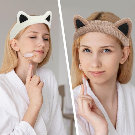 2Pcs Cat Ears Spa Headbands for Washing Face Makeup Skincare, Soft Coral Fleece Facial Wash Hair Accessories, Cute Animal Elastic Headband, Fuzzy Cartoon Hair Bands, Hairs Holder for Women