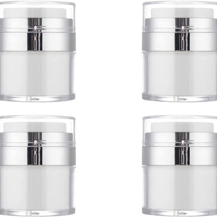 4Pack Empty Airless Pump Jar Portable Refillable Travel Size Cream Jar Vacuum Bottle Lotion Jar with Pump Lid for Skincare Cream, White, Vacuum with Lid Can Refill Cosmetics (100ml)
