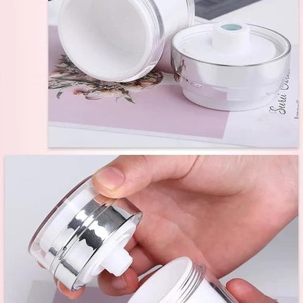 4Pack Empty Airless Pump Jar Portable Refillable Travel Size Cream Jar Vacuum Bottle Lotion Jar with Pump Lid for Skincare Cream, White, Vacuum with Lid Can Refill Cosmetics (100ml)