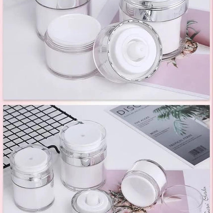 4Pack Empty Airless Pump Jar Portable Refillable Travel Size Cream Jar Vacuum Bottle Lotion Jar with Pump Lid for Skincare Cream, White, Vacuum with Lid Can Refill Cosmetics (100ml)