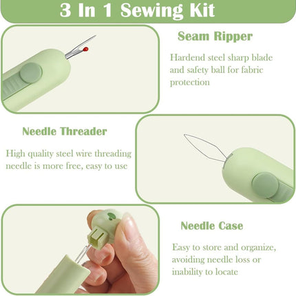 3 Pcs 3 in 1 Automatic Needle Threaders and Seam Ripper with Stainless Steel Blade for Hand Sewing, Knitting, Embroidery, Multifunctional Sewing Tool for Crafts Quilting Supplies (Green&Gray& Cream)