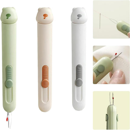 3 Pcs 3 in 1 Automatic Needle Threaders and Seam Ripper with Stainless Steel Blade for Hand Sewing, Knitting, Embroidery, Multifunctional Sewing Tool for Crafts Quilting Supplies (Green&Gray& Cream)