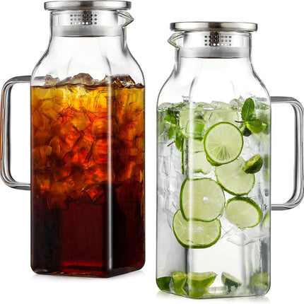 2 Pack Liters/68 oz Square Glass Pitcher with Lid and Handle for Fridge, Iced Tea Coffee Carafe Beverage Serveware, Heat Resistant Borosilicate Water Jug Hot/Cold Drinks Milk - 68 Clear