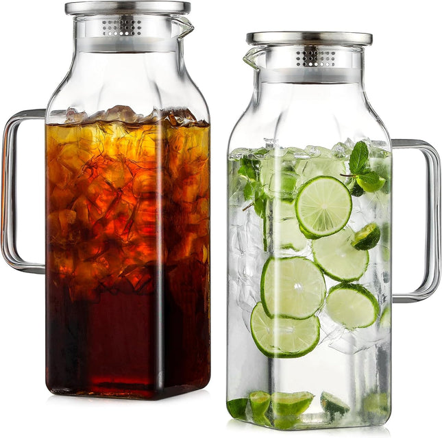 2 Pack Liters/68 oz Square Glass Pitcher with Lid and Handle for Fridge Iced Tea V1259-DP01-A-4317 in Clear