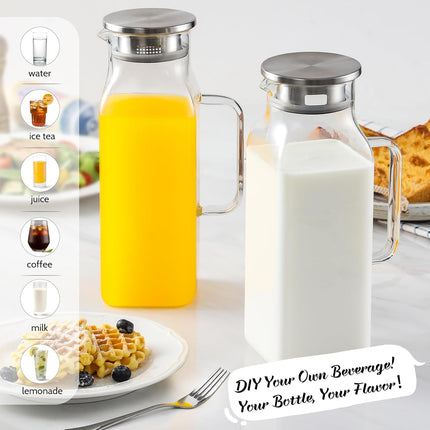 2 Pack Liters/68 oz Square Glass Pitcher with Lid and Handle for Fridge, Iced Tea Coffee Carafe Beverage Serveware, Heat Resistant Borosilicate Water Jug Hot/Cold Drinks Milk - 68 Clear