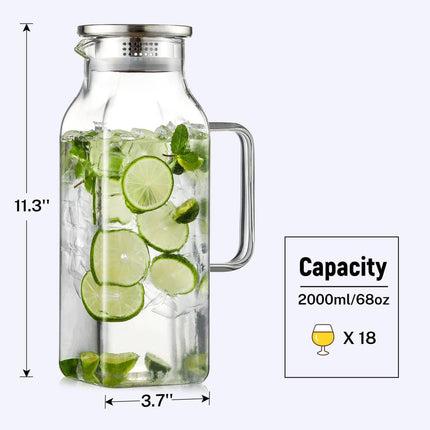2 Quart (2 Liter 68 oz) Square Glass Pitcher with Lid and Spout, Water Pitchers Handle for Fridge, Borosilicate Carafe Hot/Cold Drink, Large Jug Iced Tea, Coffee,Juice,Milk,Beverage Clear 67.6 Ounces
