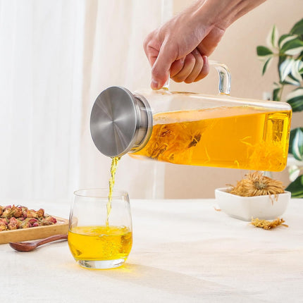 2 Quart (2 Liter 68 oz) Square Glass Pitcher with Lid and Spout, Water Pitchers Handle for Fridge, Borosilicate Carafe Hot/Cold Drink, Large Jug Iced Tea, Coffee,Juice,Milk,Beverage Clear 67.6 Ounces