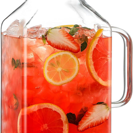1 Gallon Square Glass Pitcher with Lid and Spout, Borosilicate Carafe for Hot/Cold Drink, Water Pitchers Handle Fridge, Extra Large Jug Iced Tea, Coffee, Juice, Beverage Clear -