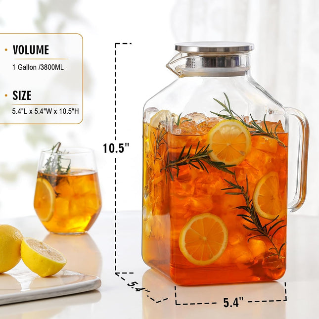 1 Gallon Square Glass Pitcher with Lid and Spout Borosilicate Carafe for Hot/Cold Drink Water – product detail