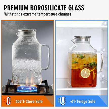 1 Gallon Square Glass Pitcher with Lid and Spout, Borosilicate Carafe for Hot/Cold Drink, Water Pitchers Handle Fridge, Extra Large Jug Iced Tea, Coffee, Juice, Beverage Clear -