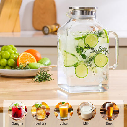 1 Gallon Square Glass Pitcher with Lid and Spout, Borosilicate Carafe for Hot/Cold Drink, Water Pitchers Handle Fridge, Extra Large Jug Iced Tea, Coffee, Juice, Beverage Clear -