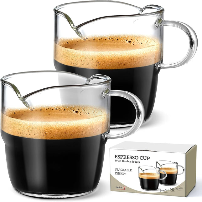 6 OZ Espresso Cups Set of 2 Double Spouts Stackable Cups Shots Glass Mugs with Handle Machine Accessories