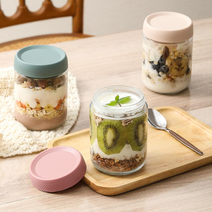 4-pack 16oz Glass jars with Airtight Lids, Overnight Oats Containers Wide mouth Mason Salad jars, Food Storage for Snacks Yogurt Spice Sugar 4 Colors -
