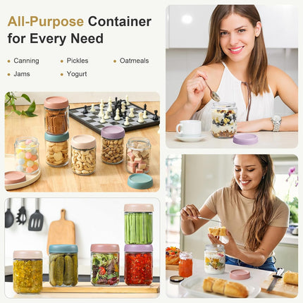 4-pack 16oz Glass jars with Airtight Lids, Overnight Oats Containers Wide mouth Mason Salad jars, Food Storage for Snacks Yogurt Spice Sugar 4 Colors -
