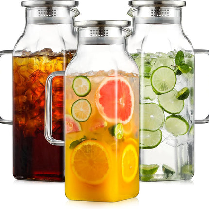 3 Pack 2 Liters/68 oz Square Glass Pitcher with Lid and Handle for Fridge, Iced Tea Coffee Carafe Beverage Serveware, Heat Resistant Borosilicate Water Jug Hot/Cold Drinks Milk -