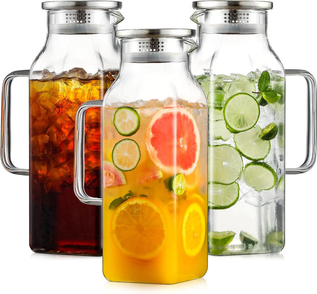 3 Pack 2 Liters/68 oz Square Glass Pitcher with Lid and Handle for Fridge Iced V1259-DP01-A-4332