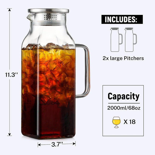 3 Pack 2 Liters/68 oz Square Glass Pitcher with Lid and Handle for Fridge Iced – product detail