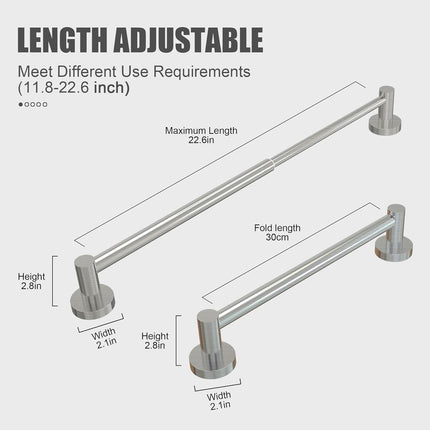 Towel Bar - Adjustable 304 Stainless Steel Holder for Bathroom (11.8inch-22.6inch) Sturdy and Rustproof Wall Mounted Rack Accessories, Silver… Silver
