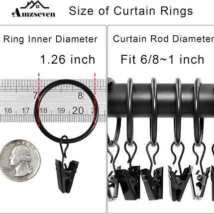 40 Pack Curtain Rings with Clips, Drapery Clips Rings, Drapes 1.26 in Interior Diameter, Fits up to 1 Rod, Black 1.26" I D