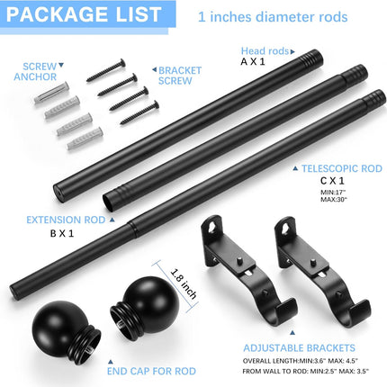Curtain Rods for Windows 16 to 48 Inches, Rod Max Adjustable Length of 60 IN, 1" Diameter Drapery Round Finials, Black, Pack 1 Black 48" - 1'' rod