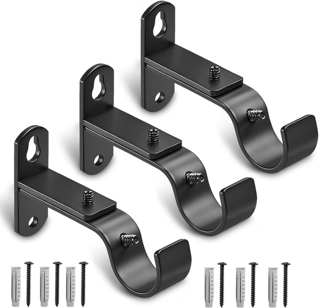 Adjustable Curtain Rod Brackets Metal Window Drapery Hanger Holders Hooks for 1 inch Rods (Black Set of 3)