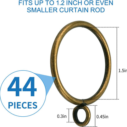 44 Pack Curtain Rings with Eyelets, Metal Drapery for Pinch Pleat Curtains, Drape Ring 1.5 Inch I D, Fits Up to 1.2 in Rod (Bronze) Antique Bronze -