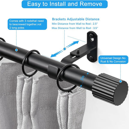 Curtain Rods for Windows 16 to 48 Inch, Rod Max Adjustable Length of 60 in, 1" Diameter Drapery with Cylindrical Finials, Black 1 Pack 16" 48"