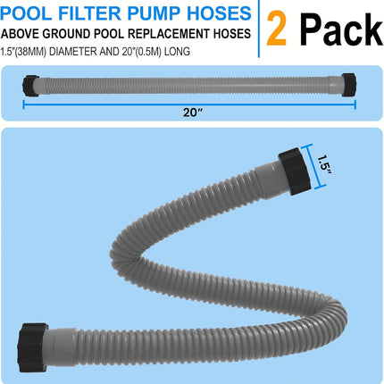 1.5" x 20" Pool Hose Replacement, Pack of 2 - Compatible with Above Ground Pools Filter Pump Hoses, Sand Filters, Saltwater Systems (1,500-2,500 GPH), Grey Gray